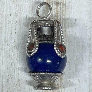 VINTAGE LAPIS LAZULI SPHERE STONE IN STERLING SILVER LANTERN FULL ROUND FRAME SS